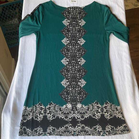 Style & Co. Women’s Long Sleeve Screw Neck Mini Dress size Petite S, Green Black - Picture 9 of 9